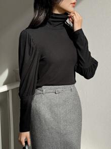 DAZY 女式高领灯笼袖弹力打底衫长袖女式上衣，秋季女装 - 黑色 - 查看 8