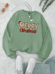 INAWLY 圣诞圣诞老人帽和豹纹口号图案羊毛圆领长袖运动衫 - 薄荷綠 - 查看 3