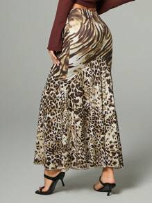 INAWLY 1pc Women's Elegant Leopard Print Mermaid Skirt With Full Flared Hem, Minimalist Style, For Autumn Fall Cloth For Women - Multicolor - View 2