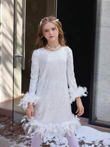 SHEIN Tween Girls Christmas Elegant And Feather Sequin Long Sleeve Dress, Perfect For Parties And Suitable For Fall, Spring, And Winter,White Dress,Party Dress