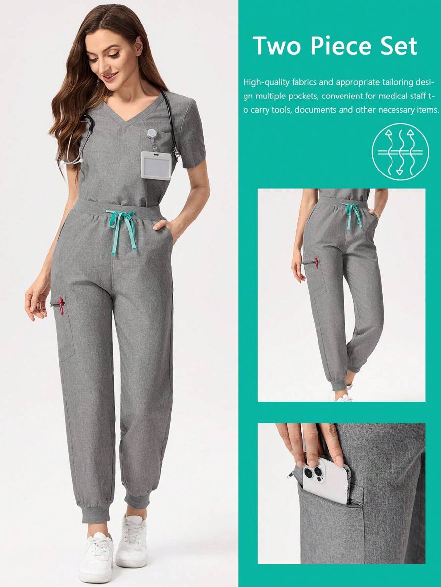 Scrubzie Bộ đồng phục chức năng áo và quần ngắn tay cổ chữ V màu trơn cho nữ - Xám - Xem 1