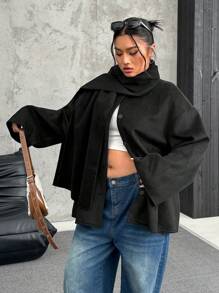 SHEIN EZwear Áo khoác lông cừu giả màu đen cỡ lớn kèm khăn quàng cổ, áo khoác dệt kim màu đen dáng rộng đơn giản - màu đen - Xem 5