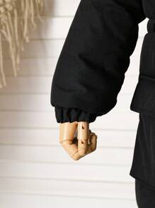 SHEIN 年轻女孩加厚时尚休闲简约优雅纯色大口袋长袖连帽保暖棉服外套，适合日常、通勤、百搭 - 黑色 - 查看 3