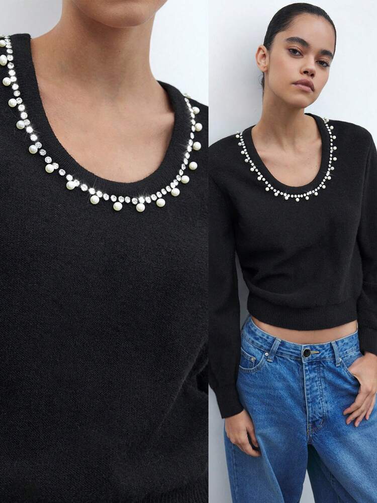 SHEIN Maija Elegant Modern Party Urban Retro Glamorous Rhinestone Decor Black Sweater With U-Neck & Lantern Sleeves, New For Autumn/Winter