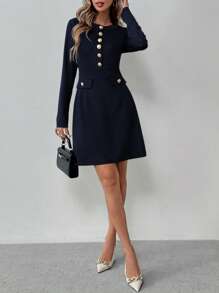 SHEIN Clasi 女士优雅金属纽扣装饰长袖短款连衣裙，适合秋冬季 - 藏蓝色 - 查看 3