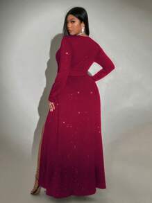 Viva Relle Vestido largo informal con escote en V, manga larga y abertura lateral para tallas grandes