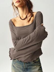 Bohemela Maglia a maniche lunghe da donna slim fit, collo quadrato, con maniche a sbuffo, in maglia tinta unita, adatta per il tempo libero - Caffè Marrone - Visualizzare 4