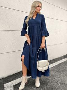 SHEIN LUNE 紋理純色波浪袖上衣，帶鬆緊褶飾下擺，也可當作連身裙穿著 - 藏蓝色 - 查看 7