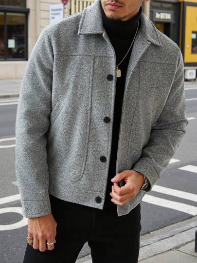 Manfinity CasualCool 1pc Men's Long Sleeve Fashion Short Overcoat, Autumn/Winter Going Out Pea Overcoat, For Friends, Husband, Boyfriend Gifts