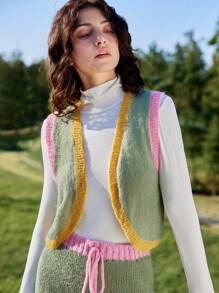 Skyraze Women Sleeveless Colorblock Patchwork Minimalist Sweater Vest, 1pc Geo Pattern Sweater Vest,Fashionable, Versatile, Minimalist Knit Top - Multicolor - View 7