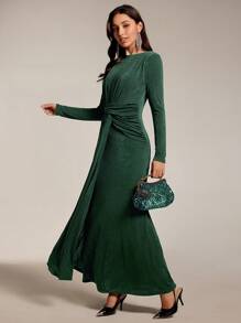 Modelyn Women Solid Color Long Sleeve Simple Casual Dress With Sash Long Evening Dresses - Green - View 5