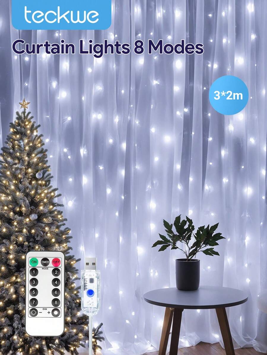 Teckwe LED Curtain String Lights, 8 Lighting Modes With Remote Control Fairy Lights, USB Powered Waterproof, Suitable For Christmas, Wedding, Party, Home, Garden, Bedroom, Wall Decor - white light - View 1