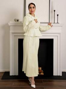 Modelyn 2pcs/Set Women Fall Plain Collar Jacket And High-End Skirt Apricot Suit 2 Pieces Set