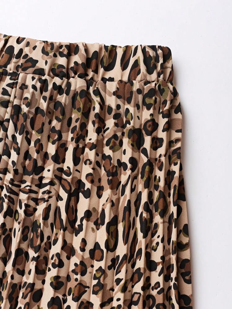 SHEIN LUNE Women's Elastic Waist Leopard Print Pleated Mid-Length