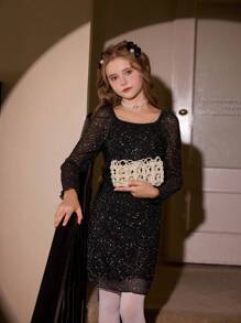 Elegancka sukienka dla dziewcząt z cekinami i kwadratowym dekoltem, dopasowana, idealna na imprezy i wydarzenia wiosną i jesienią, czarna sukienka, sukienka świąteczna, sukienka imprezowa