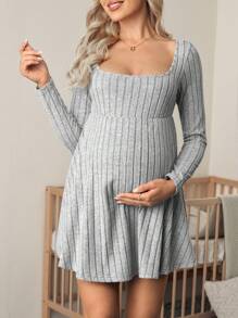 SHEIN 孕妇纯色长袖罗纹休闲连衣裙，简约风格，适合日常休闲穿着 - 灰色 - 查看 4