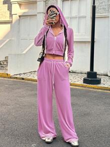 SHEIN EZwear Set de 2 piezas de chaqueta casual y pantalones de mujer de terciopelo rosa con capucha y cremallera delantera
