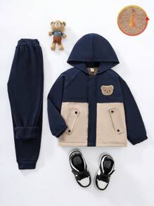 SHEIN 2 件套年轻男孩休闲可爱保暖羊毛连帽衫夹克和运动裤适合户外/学校，适合秋冬季