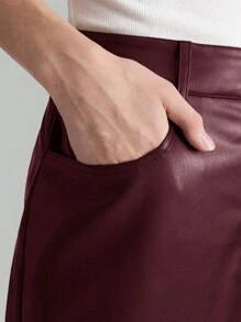 Ontre Women's 2025 New Spring Garment, Long A-Line Skirt In Burgundy PU Material, Back Slit, Suitable For Autumn, Elegant & Minimalist Daily