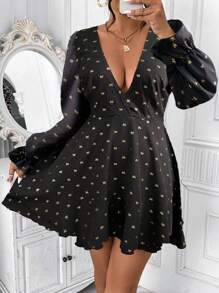 SHEIN Clasi Robe élégante à imprimé nœud col V profond, grande taille, automne - Noir - Voir 5