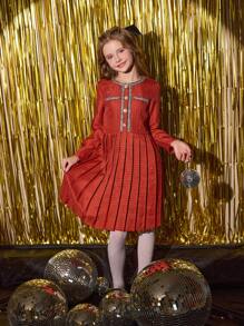 SHEIN Vestido elegante de manga larga con pliegues para niñas preadolescentes, ideal para usar al aire libre y para ir y venir en otoño, primavera e invierno, Vestido rojo