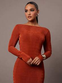 Silquee Women's Autumn And Winter Long Sleeve Simple Daily Date Elegant Party Solid Color High Quality Chestnut Brown Glitter Stretch Knit Women's Midi Dress Sexy Backless, Long Dress Suitable For Cocktail Party, Romantic Date Party, Formal Party, Wedding, Bridesmaid Dress, Evening Dress, Halloween Dress , Christmas Holiday Dress, Super Photogenic