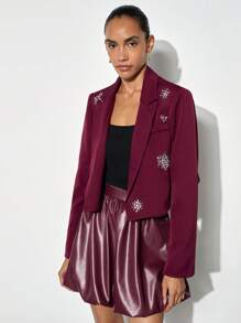 Maija Women's Wine Red Rhinestone Studded Decor Blazer Jacket, Loose Fit, Angular Collar, Long Sleeve, Modern Urban Versatile Design, Angora Wool, Suitable For Autumn & Winter