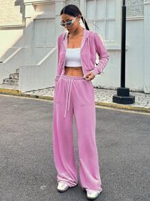 SHEIN EZwear Set de 2 piezas de chaqueta casual y pantalones de mujer de terciopelo rosa con capucha y cremallera delantera