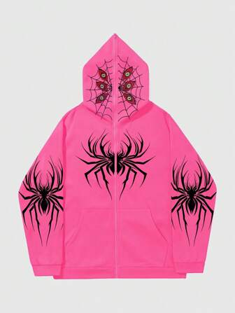 Sudadera casual con capucha con cremallera frontal y estampado de araña, para Halloween