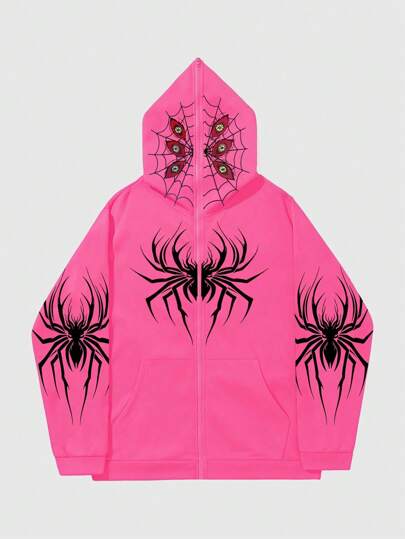 Sudadera casual con capucha con cremallera frontal y estampado de araña, para Halloween