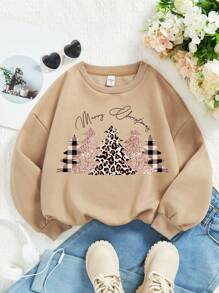 SHEIN Christmas Leopard Print Christmas Tree, Khaki Color, Casual Loose Fit Crew Neck Long Sleeve Thick Sweatshirt For Teen Girls, Suitable For Autumn/Winter