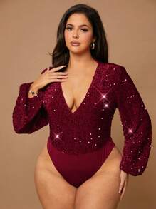 SHEIN BAE Tutina elegante da donna taglia forte con maniche a sbuffo, scollo a V profondo, e paillettes rosse, adatta per l'autunno e l'inverno, incluso Ognissanti - Bordò - Visualizzare 1