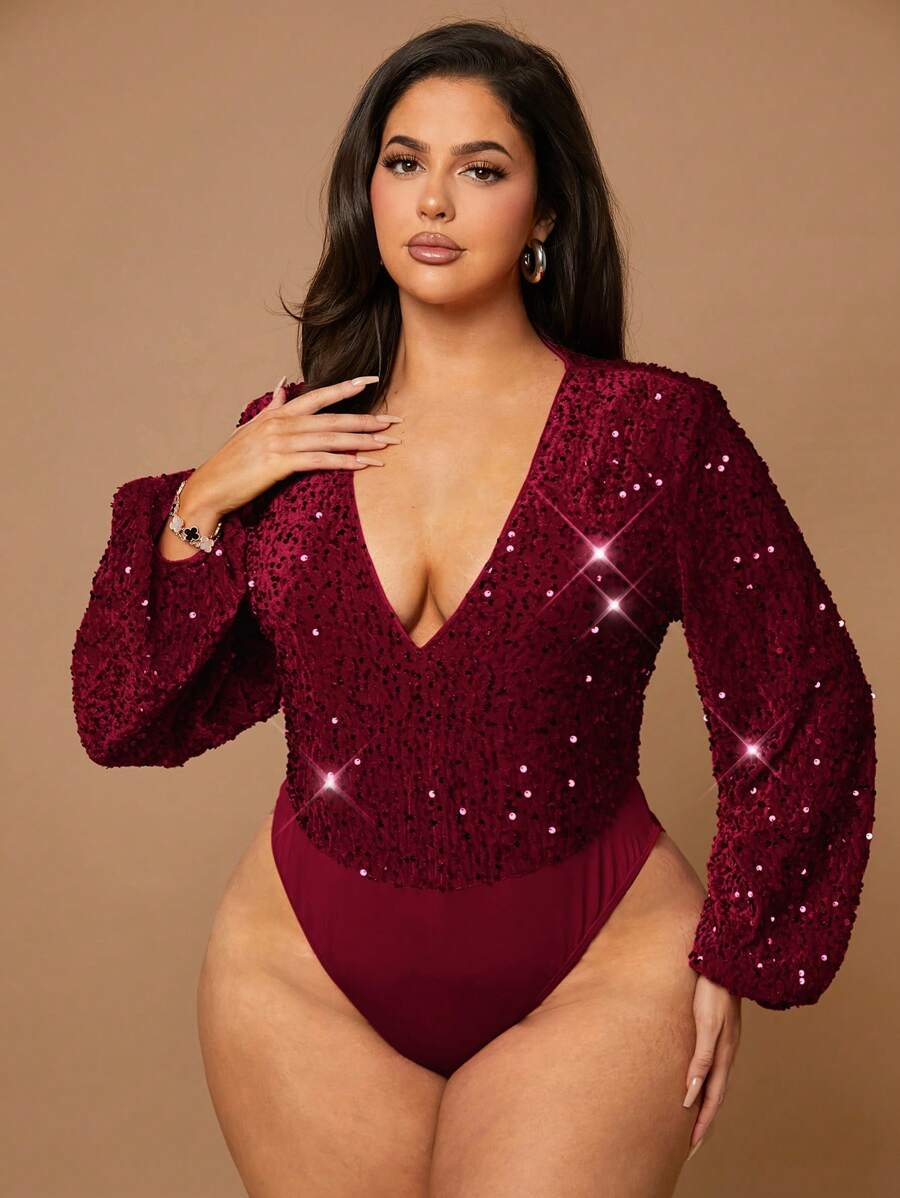 SHEIN BAE Tutina elegante da donna taglia forte con maniche a sbuffo, scollo a V profondo, e paillettes rosse, adatta per l'autunno e l'inverno, incluso Ognissanti - Bordò - Visualizzare 1