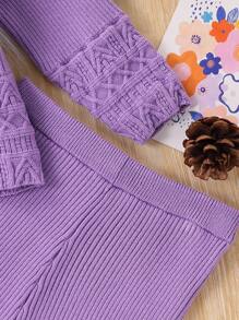 SHEIN Baby Girl Floral Applique Stylish & Cute Long Sleeve Top And Elastic Waist Pants 2 Pieces Knit Sweater Set