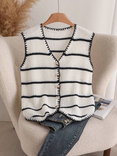 SHEIN Frenchy Plus Size V-Neck Front Button Casual Versatile Sleeveless Knit Sweater Vest