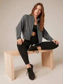 GLOWMODE Áo khoác tay dài cổ cao ve mềm Modal có viền thun co giãn có túi bên hông, mặc hàng ngày, giản dị - Màu xám đen - Xem 7