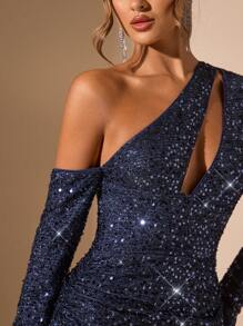 SHEIN BAE Ținuta de club de noapte pentru petrecere de cocktail pentru femei, cu mânecă lungă cu volan în față, rochie de petrecere elegantă cu paiete, potrivită pentru petrecerea de vacanță, banchetul formal, evenimentul de Crăciun - Albastru marin - Vizualizare 3