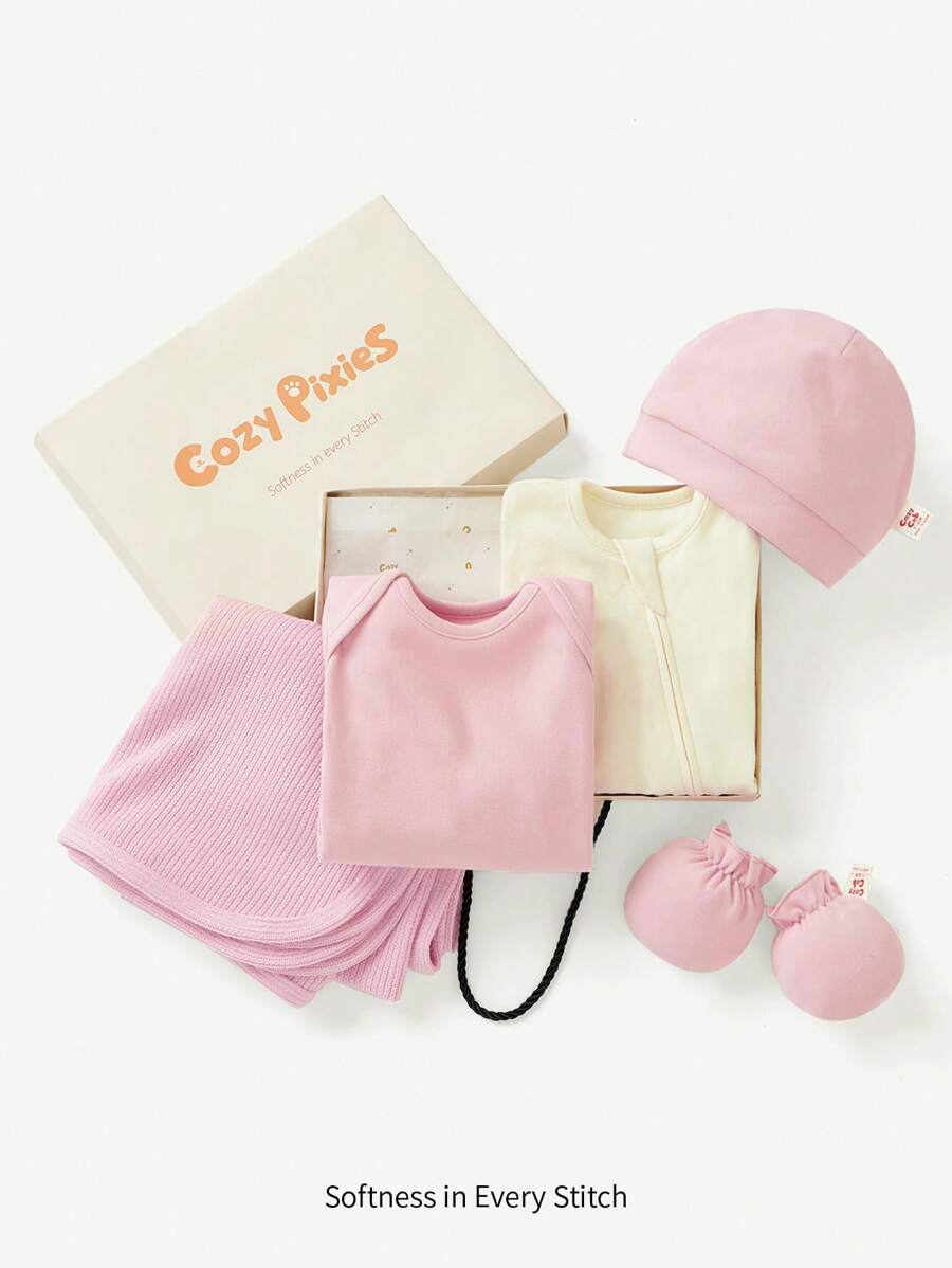 Cozy Pixies 5pcs Set Baby Girls' Solid Color Knit Soft Round Neck Long Sleeve Jumpsuit, Hat, Gloves, Blanket - Multicolor - View 1