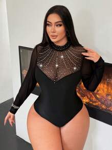 SHEIN SXY Body de manga larga con cuello alto de malla y decoración de rhinestones para mujer de talla grande, adecuado para uso diario, citas, bailes de graduación, fiestas, reuniones de Año Nuevo, banquetes, cóctel, elegante, para modificar y realzar la silueta del Body - Negro - Ver 3