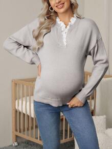 SHEIN Pregnant Women Autumn/Winter Casual Contrast Color Lace Trim Sweater
