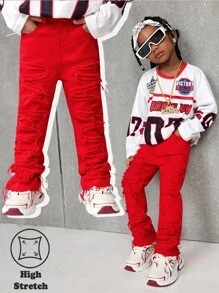 SHEIN Quần jeans skinny màu đỏ co giãn cao cấp SLAYR KIDS dành cho bé trai, phong cách đường phố cá tính, viền thô, phối nhiều mảnh, thích hợp cho mùa thu/đông và mặc hàng ngày. - Đỏ - Xem 1