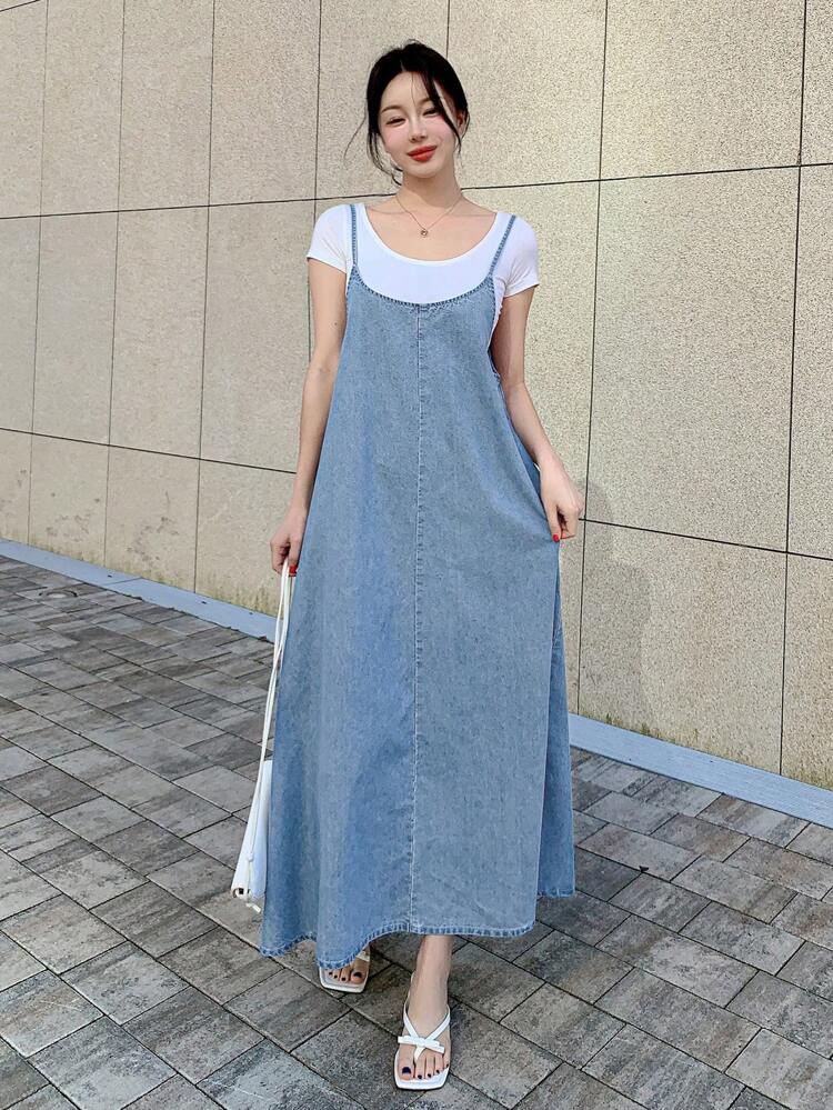 Women's Denim Casual Slip Dress, Simple & Fashionable For Daily Wear Sundress Maxi Dress
