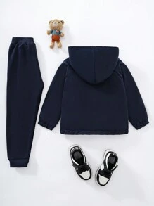 SHEIN 2 件套年轻男孩休闲可爱保暖羊毛连帽衫夹克和运动裤适合户外/学校，适合秋冬季