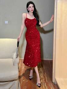DAZY 秋季新款女士纯色亮片拼接无袖长裙舞会礼服 - 紅色 - 查看 8