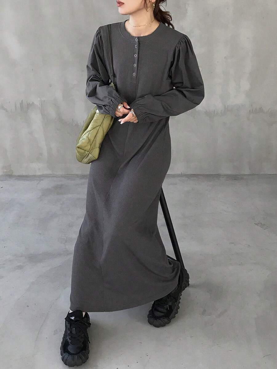 FRIFUL Women's Solid Color Button Front Long Sleeve Casual Long Dress - Grey - View 1