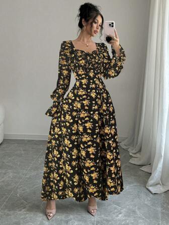 Rafferiza 优雅花卉印花方领荷叶边袖珍珠纽扣装饰连衣裙，适合春秋季长款女装