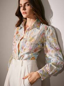 Anewsta Women's Fashion Floral Embroidery Long Sleeve Single-Breasted Loose Blouse, Autumn Women Shirt