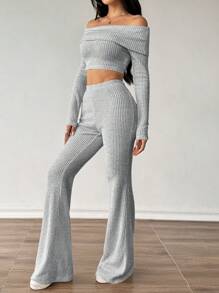 Flirla 2 stuks/set abrikooskleurige textuur ronde hals drop schouder fleece top en rechte pijp casual broek