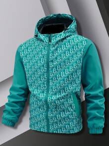 Manfinity Homme Jaket Pria Lengan Panjang Berkerudung dengan Motif Huruf dan Potongan Longgar - MultiWarna - View 5