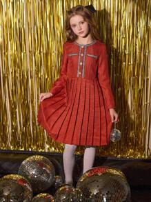 SHEIN Vestido elegante de manga larga con pliegues para niñas preadolescentes, ideal para usar al aire libre y para ir y venir en otoño, primavera e invierno, Vestido rojo